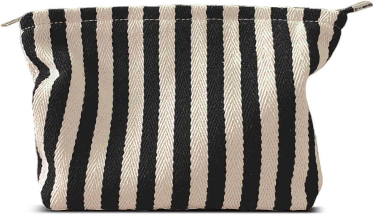Large Stripe Canvas Makeup Bag Cosmetic Travel Pouch Organizer - Vintage Black & White