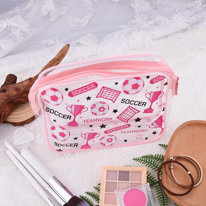 Soccer Clear Makeup Bag with Zipper - Pink Sports Cosmetic Organizer