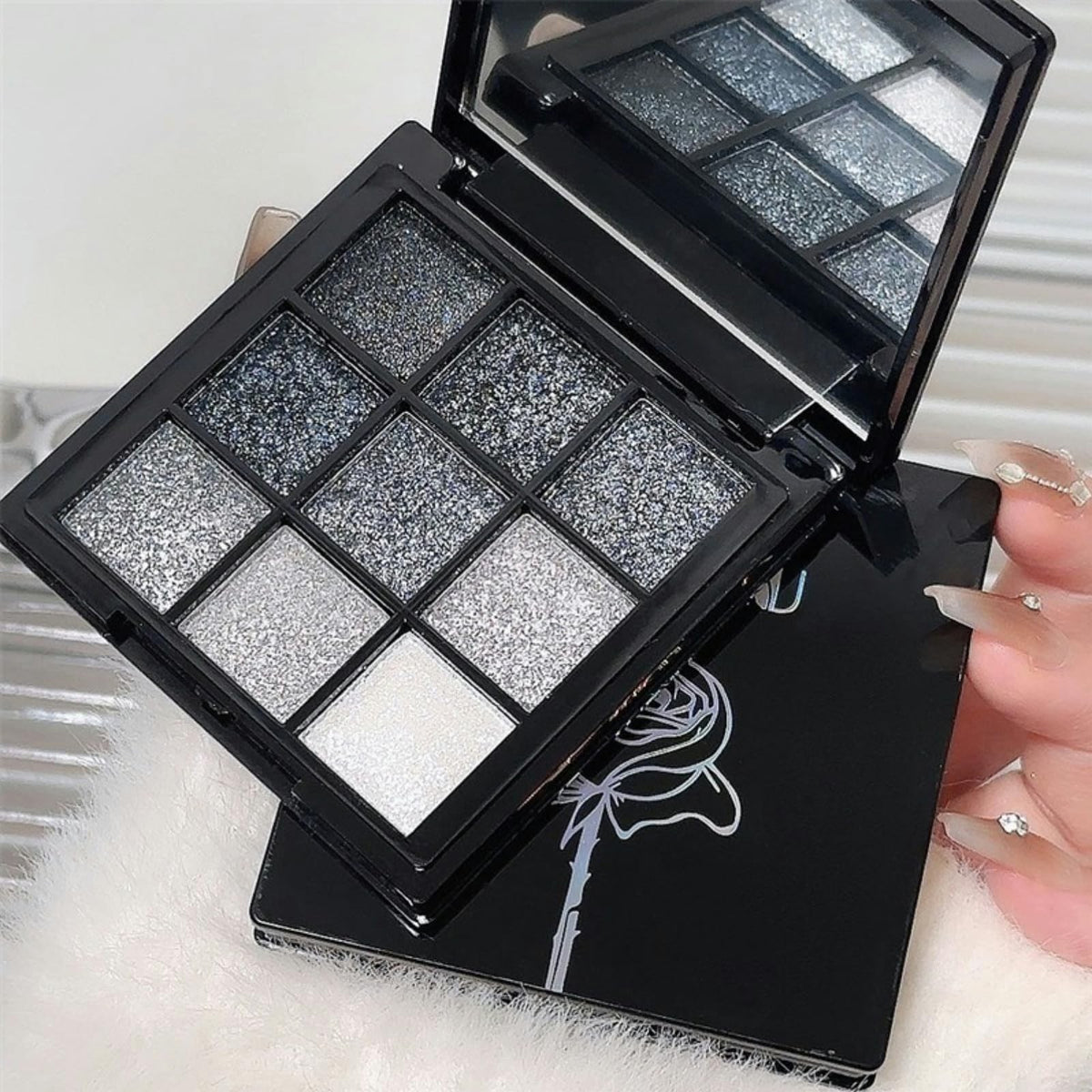Glitter Eyeshadow Palette - 9 Colors, Waterproof & Long-Lasting, Black Silver