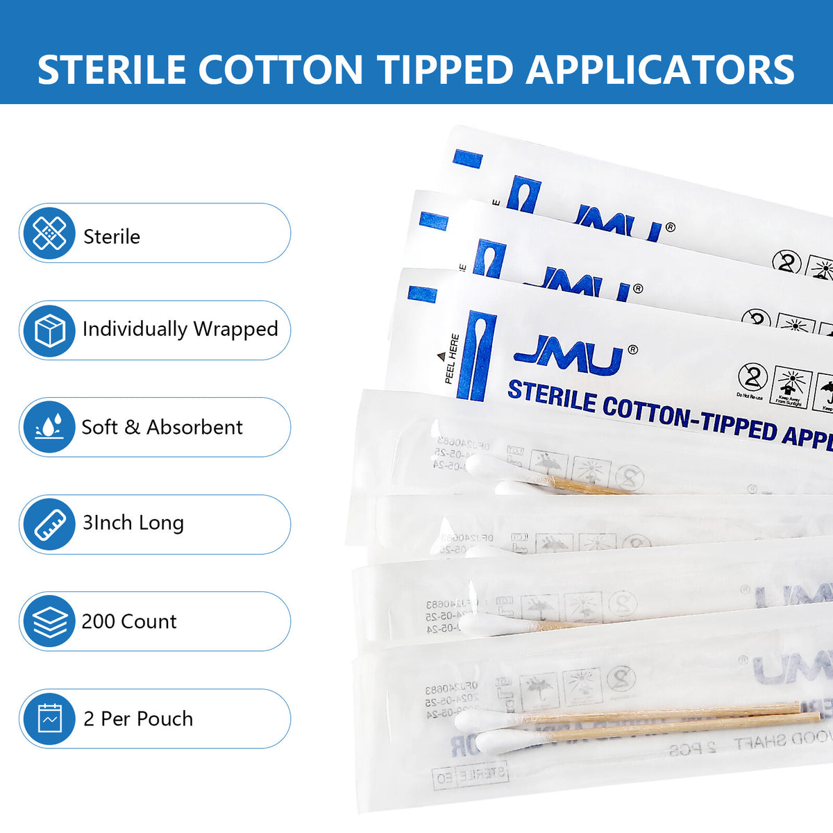 Sterile Cotton Swabs 3 Inch Medical-Grade Absorbent Applicators for Wound Care & Makeup