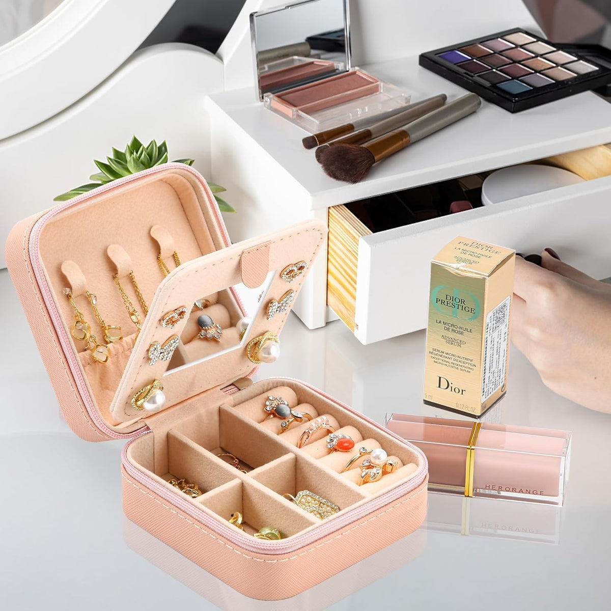 Travel Jewelry Organizer with Mirror, Small Jewelry Box for Women