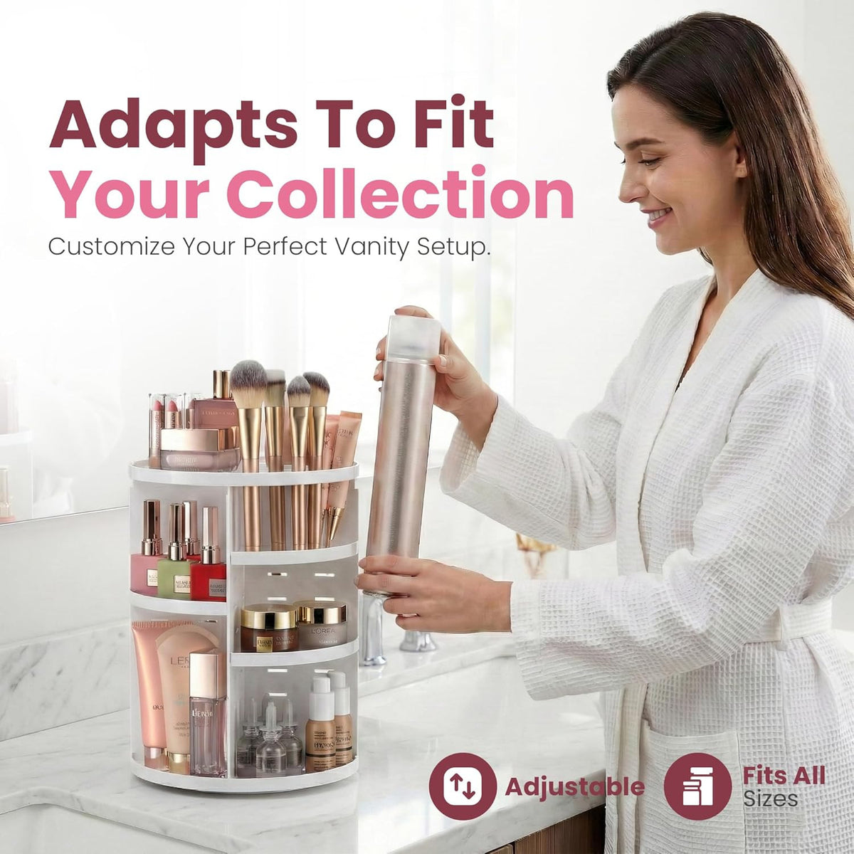 Rotating Makeup Organizer with Adjustable Shelves & 360 Degree Spin