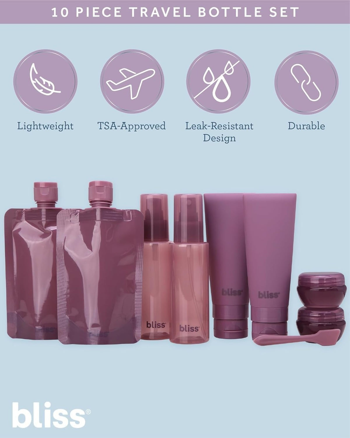 Travel Bottles Set 10 Pack Leak-Proof Refillable Toiletry Containers TSA Approved