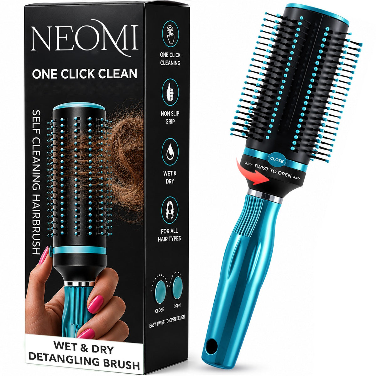 Self-Cleaning Retractable Hair Brush for Women - Blue