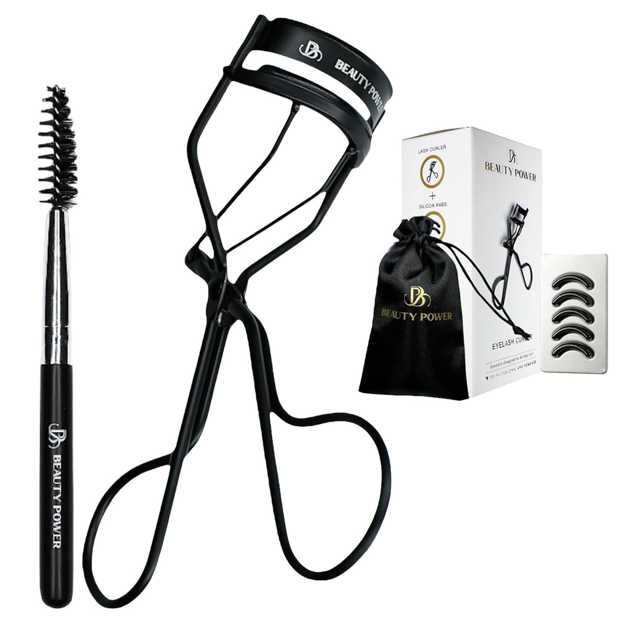 Eyelash Curler Set with 5 Replacement Pads, Eyebrow Brush & Satin Travel Bag