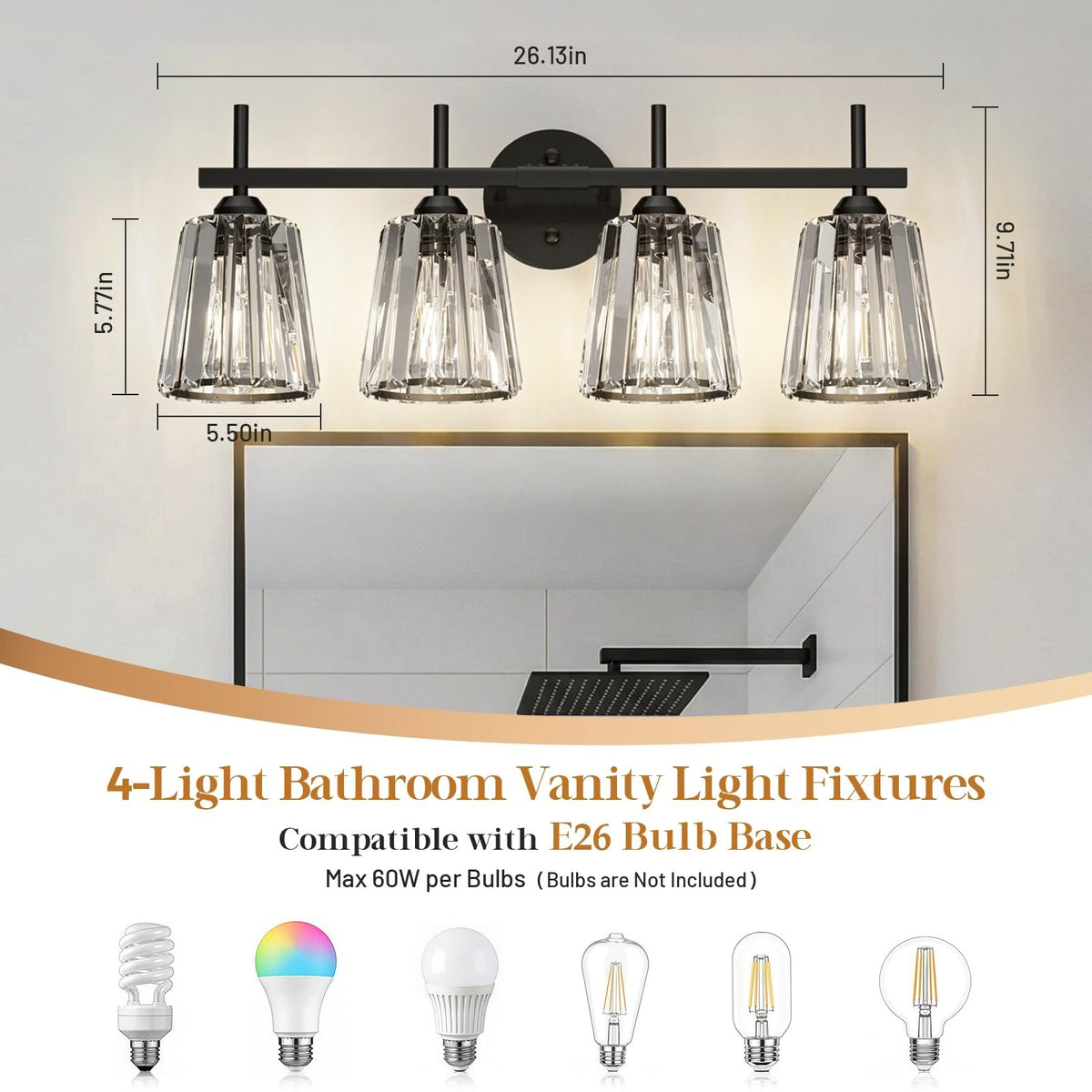 Black Crystal Bathroom Vanity Light Fixture - 4-Light Wall Sconce for Mirror