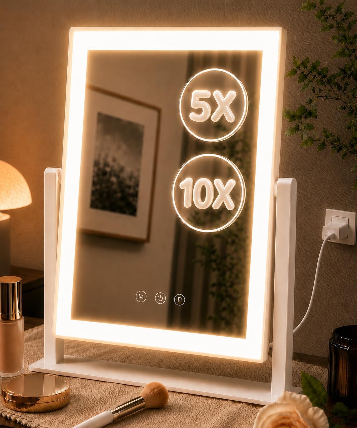 Lighted Makeup Mirror with Dimmable LEDs and Magnifiers - 17.3 x 13 Inches