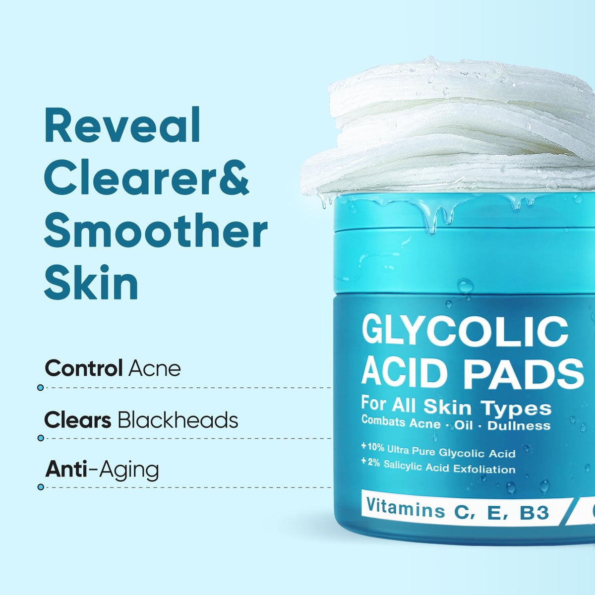 Elvira Glycolic Acid Exfoliating Facial Pads 1 Count (Pack of 60),