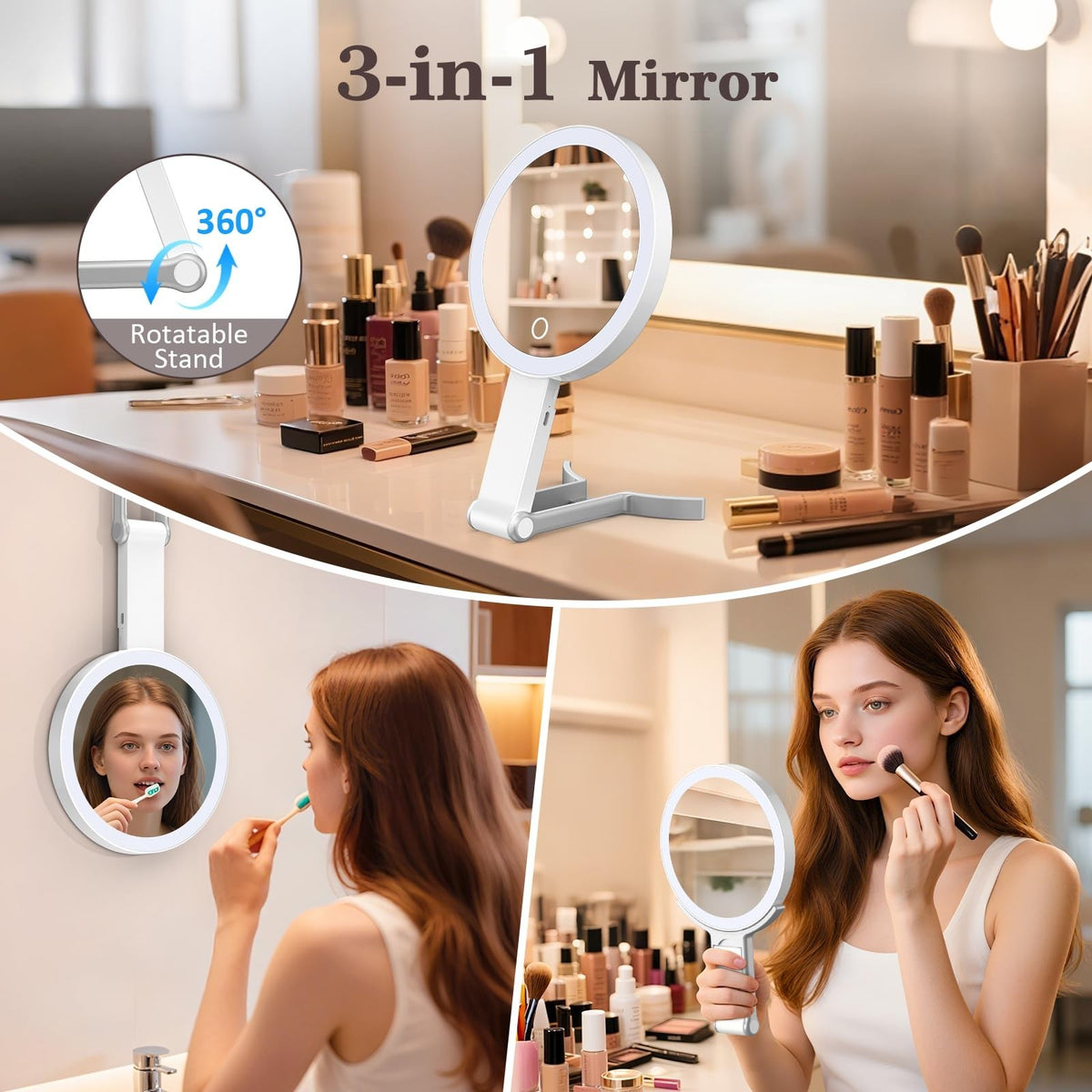 Travel Makeup Mirror with Lights and Magnification - 15X/1X Double Sided Portable LED Mirror, Dimmable Touch, White