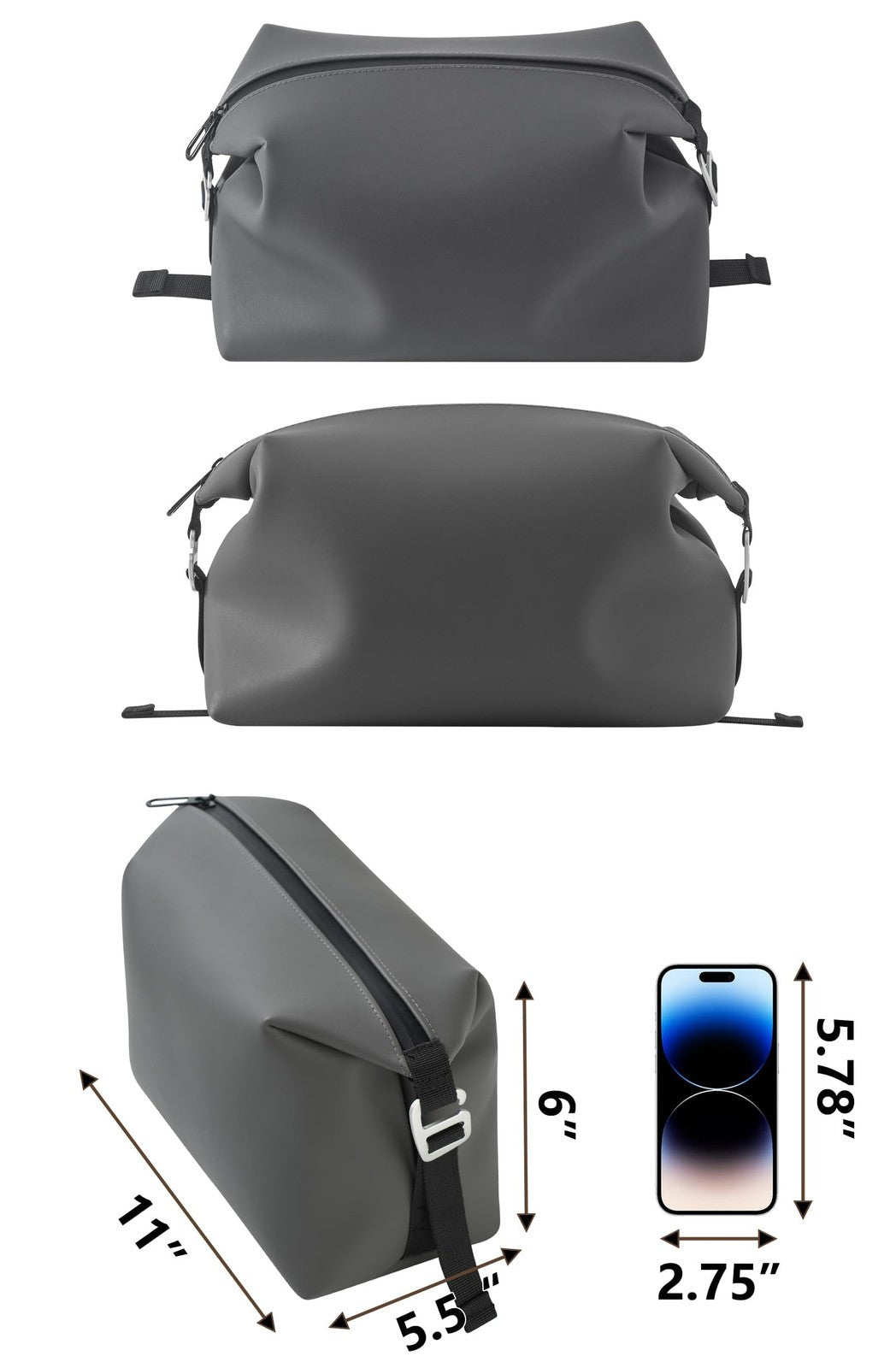 Large Waterproof Silicone Toiletry Bag 6L Travel Organizer Grey 6x11 Inches