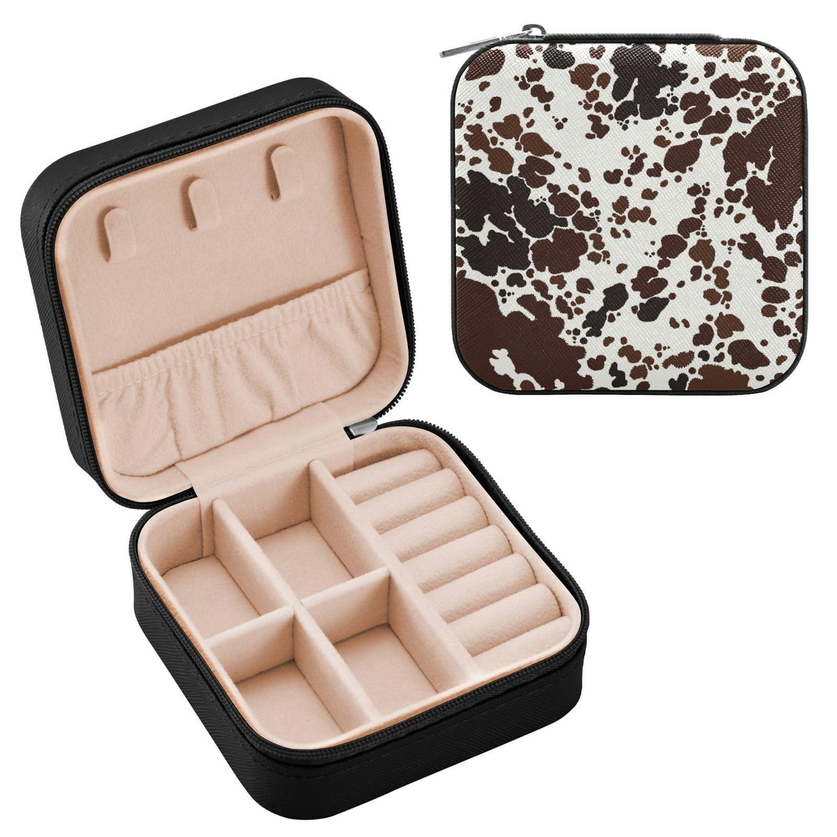 Mini Travel Jewelry Box with Cow Print, Compact Organizer for Earrings & Necklaces