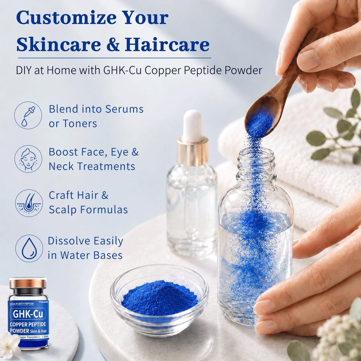 Pure Copper Peptide Powder for Skincare & Hair Care - 99.7% Cobalt Blue