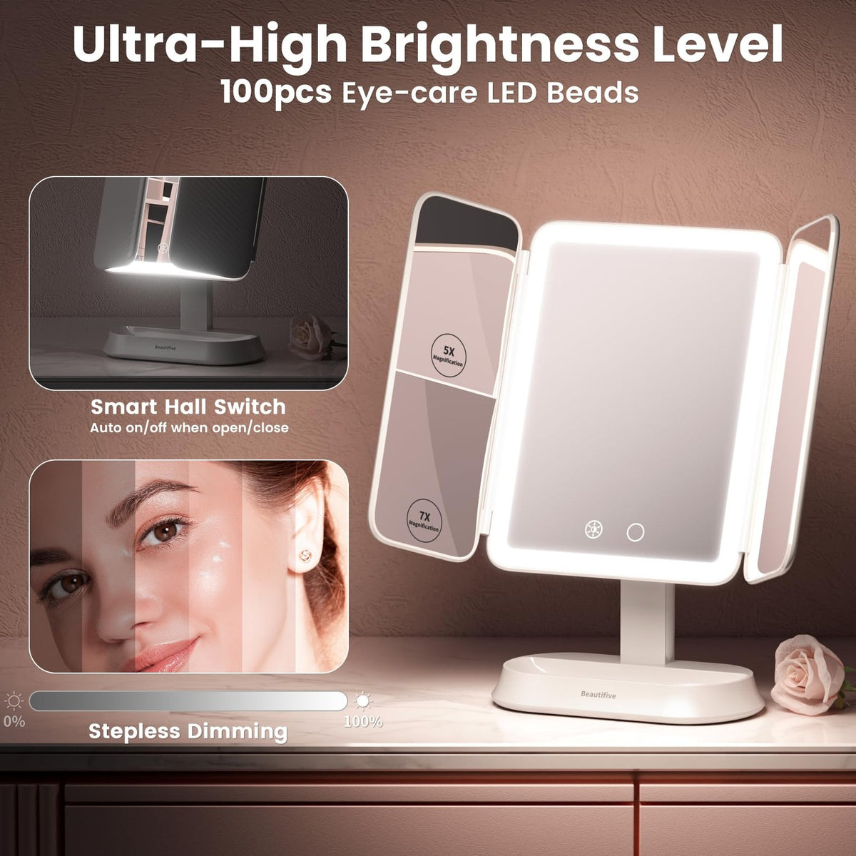 Rechargeable Lighted Makeup Mirror with 7X/5X/1X Magnification and Portable Trifold Design