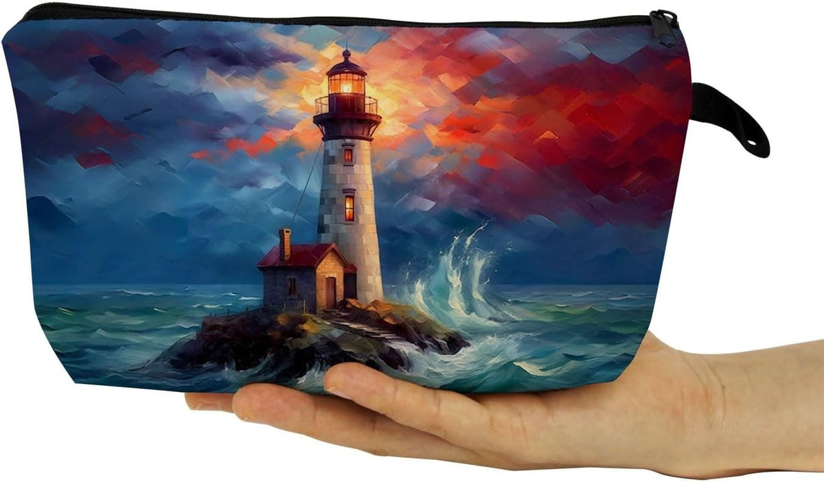 Small Lighthouse Print Makeup Bag with Metal Zipper & Durable Soft Material