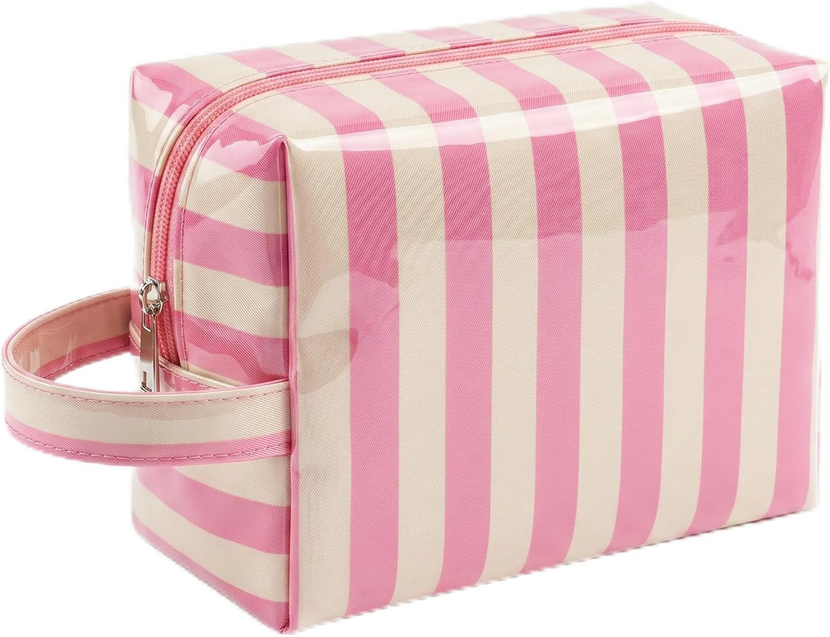 Waterproof Makeup Bag with Pink Beige Stripe Clear PVC Travel Organizer