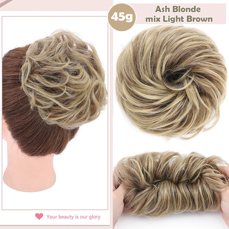 Natural Human Hair Messy Bun Ponytail Extensions with Curly Scrunchie Updo