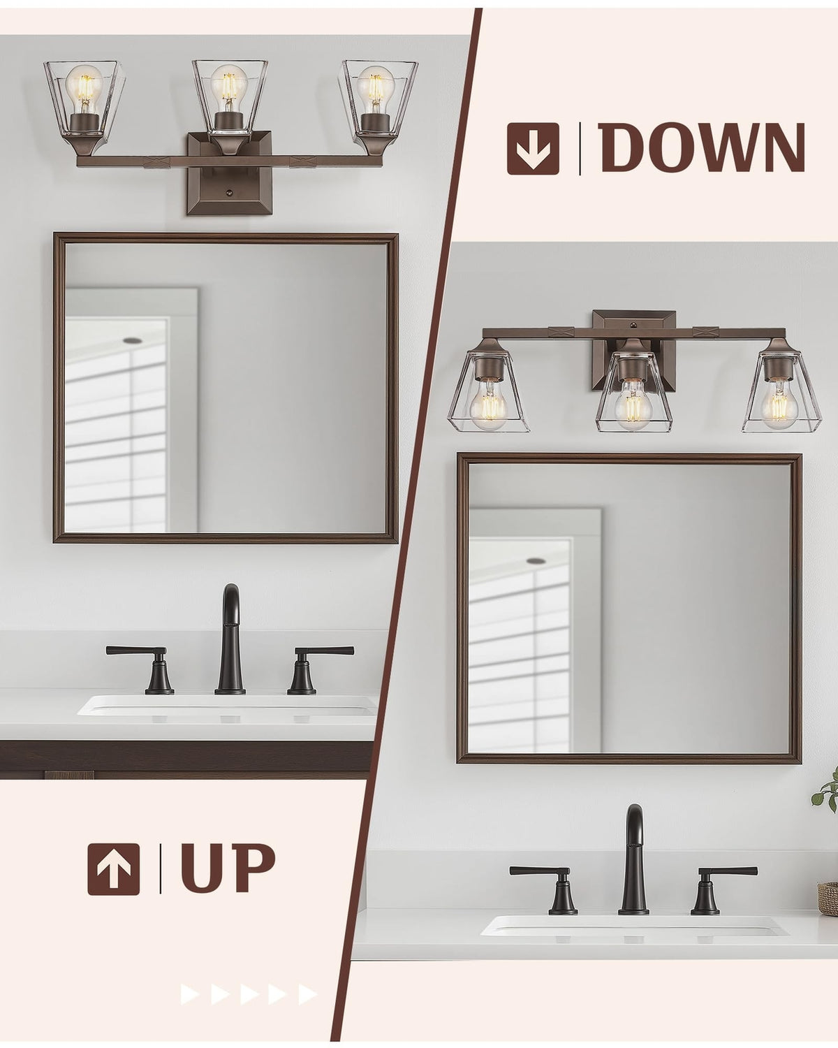 Farmhouse Bathroom Light Fixtures - 3-Light Vanity Wall Sconce with Glass Shades
