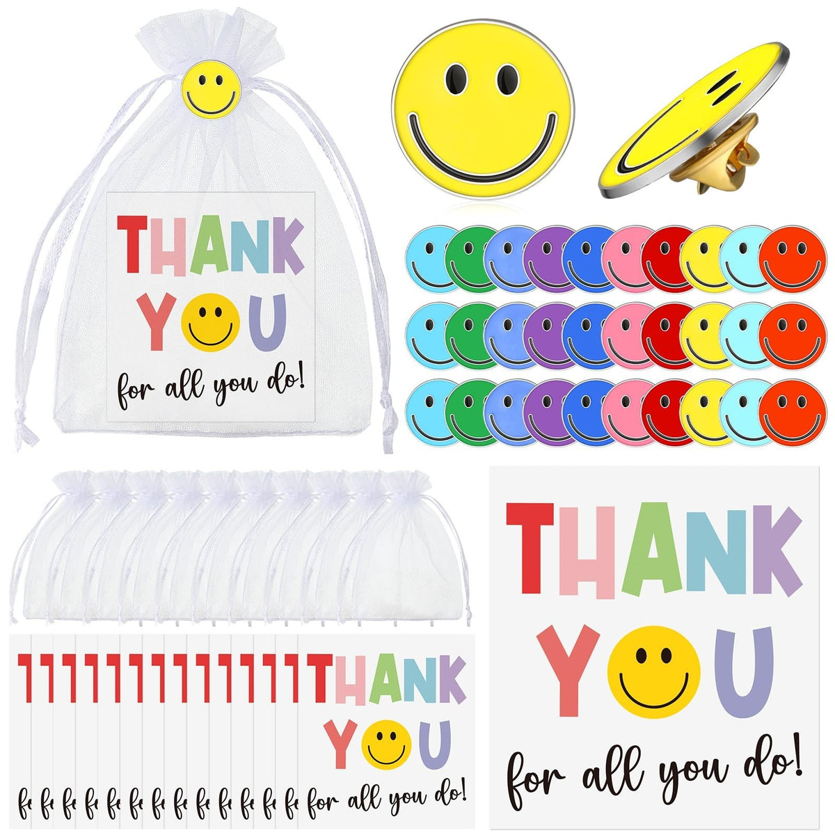Thank You Gift Set with Smile Face Lapel Pins and Cards - Bulk 30 Pieces