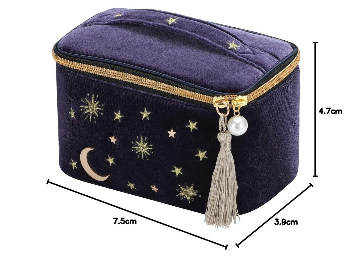 Starry Navy Velvet Cosmetic Bag with Moon and Stars Embroidery, Portable Makeup and Travel Organizer