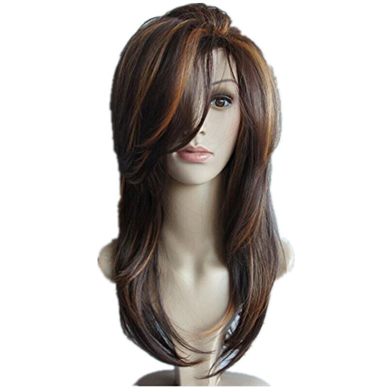 Women Dark Brown Ombre Curly Wig with Gold Highlights Shoulder Length Synthetic Hair