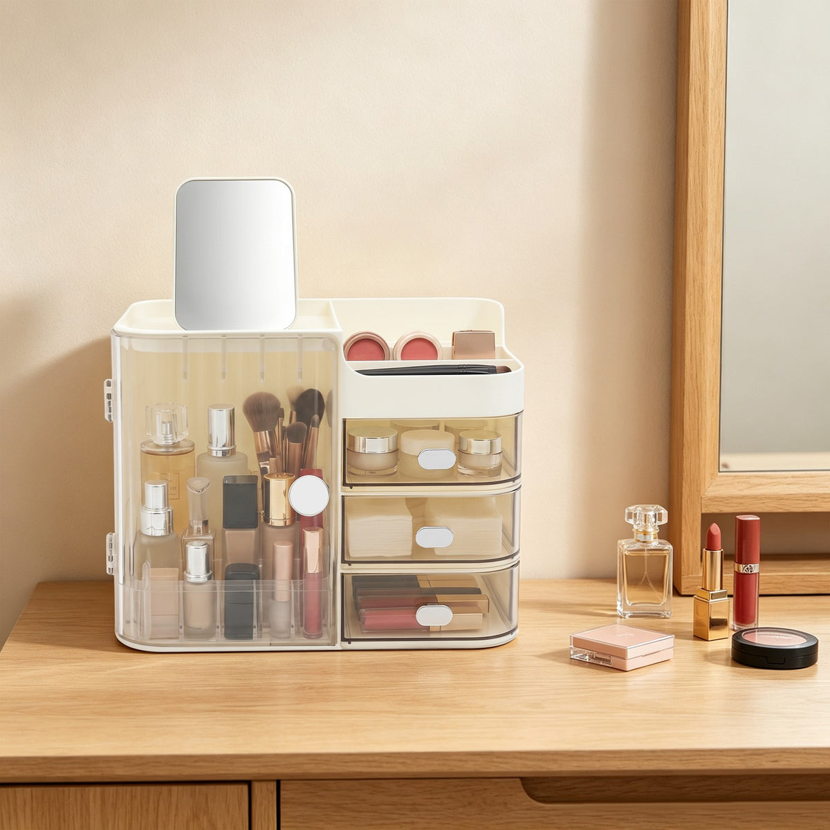 Large Capacity Makeup Organizer with Mirror - White Storage Case for Cosmetics
