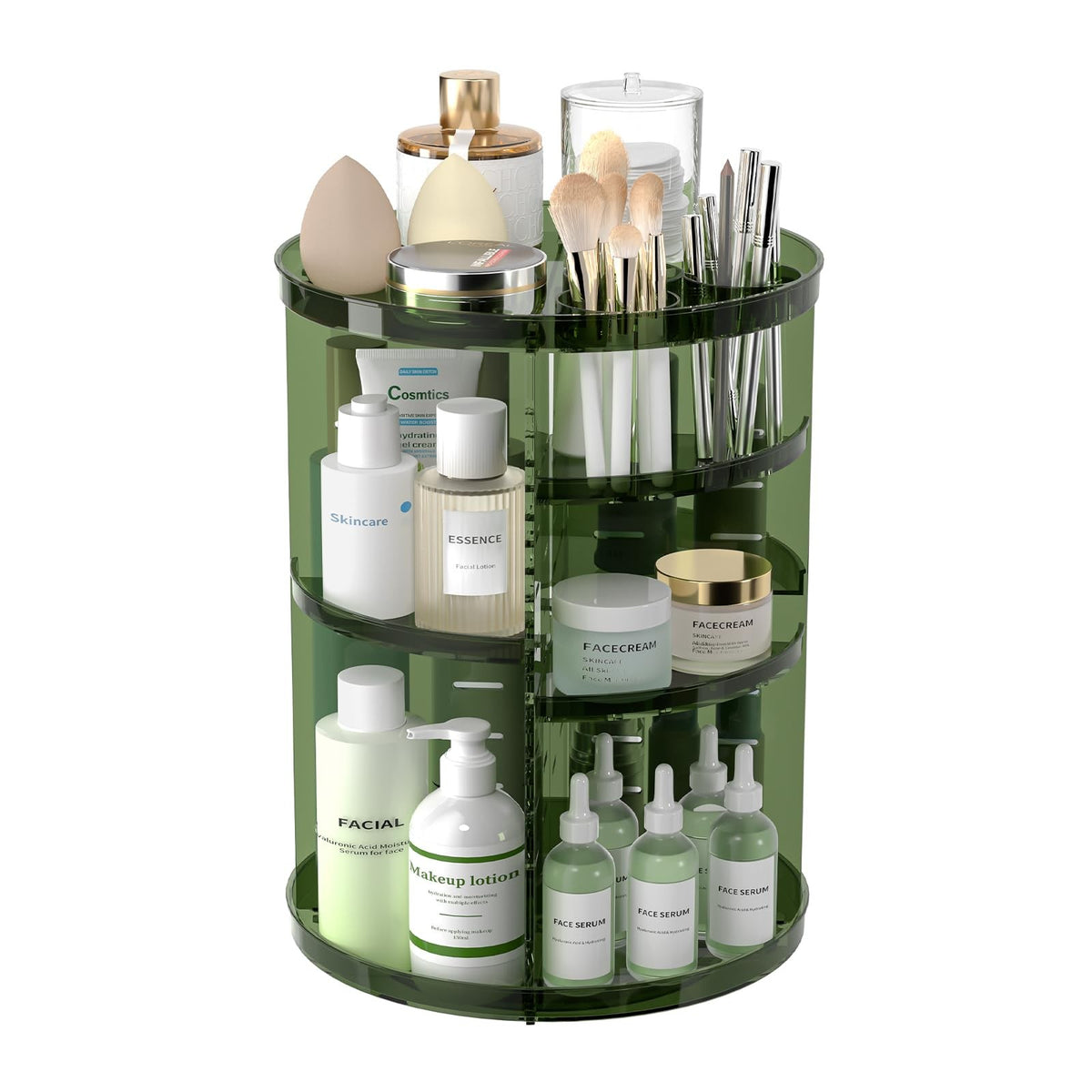 Rotating Makeup Organizer with Adjustable Layers - Clear Green, 360° Silent Spin
