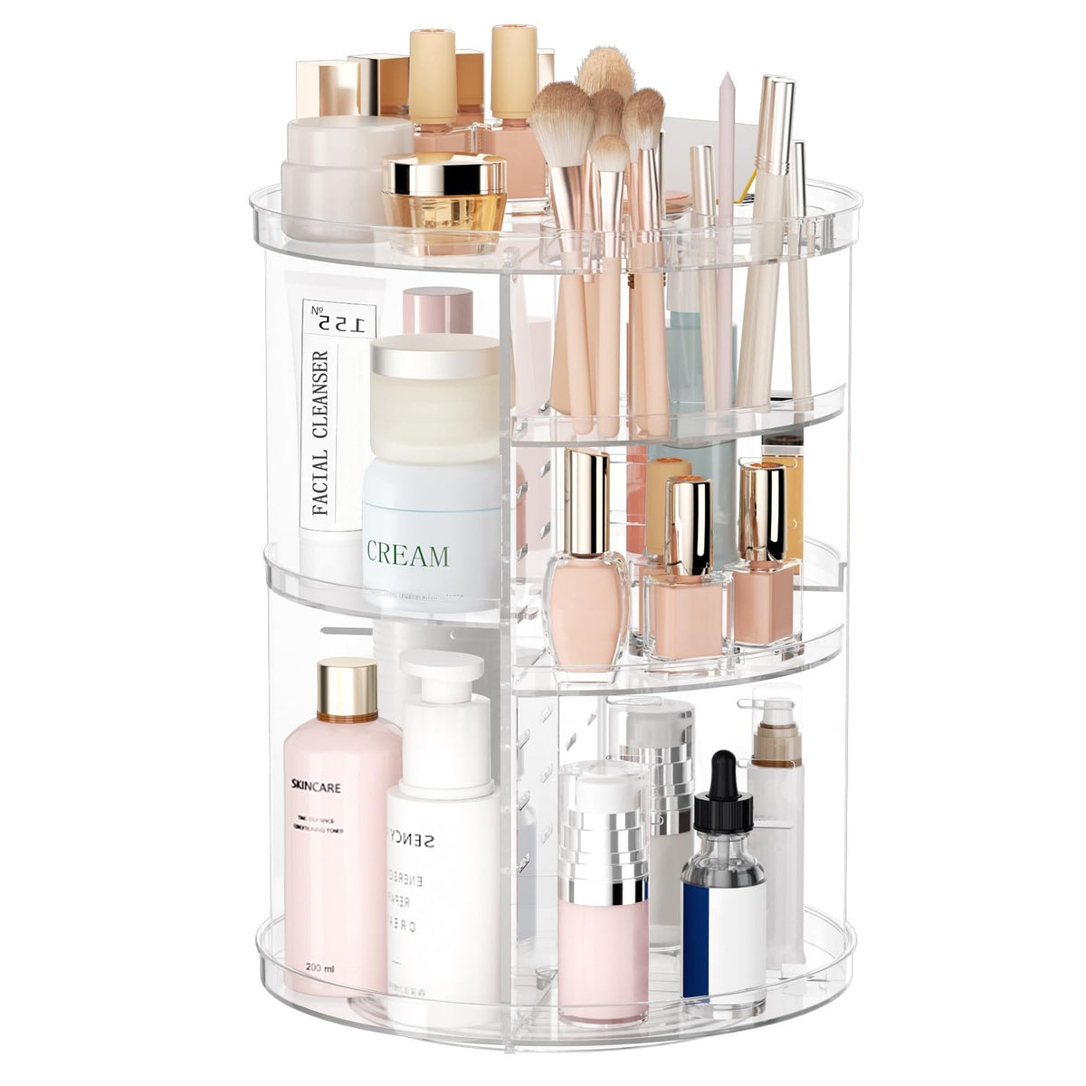 Rotating Makeup Organizer with Adjustable Layers for Vanity and Skincare