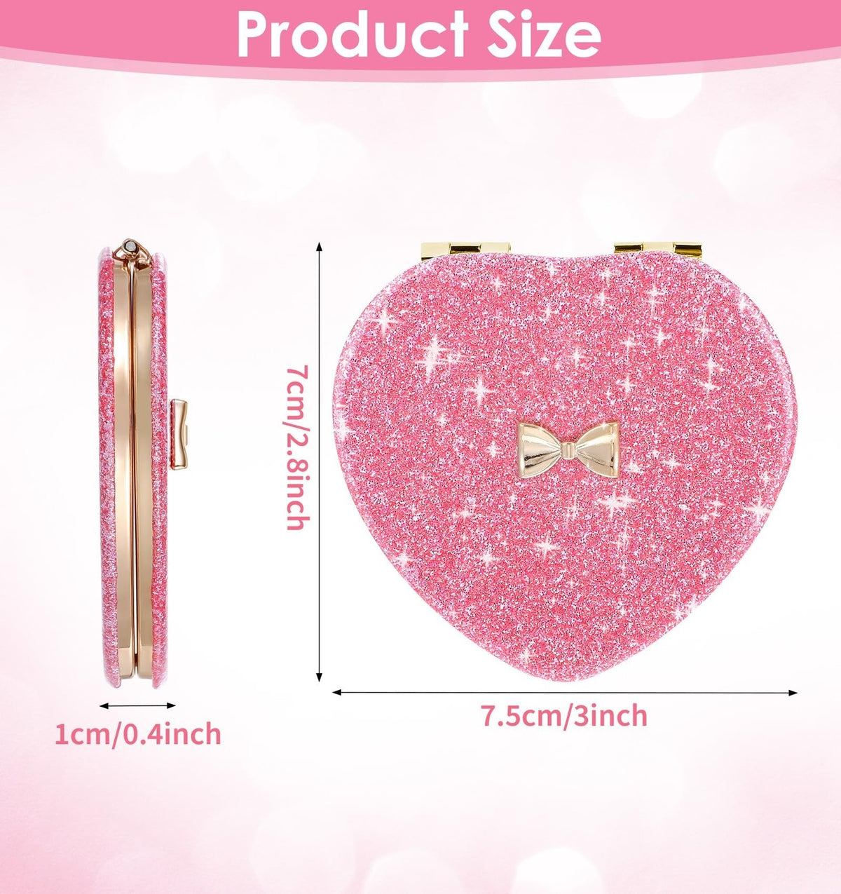 Pink Heart Compact Mirror with Magnifying - Double-Sided Folding Makeup Tool