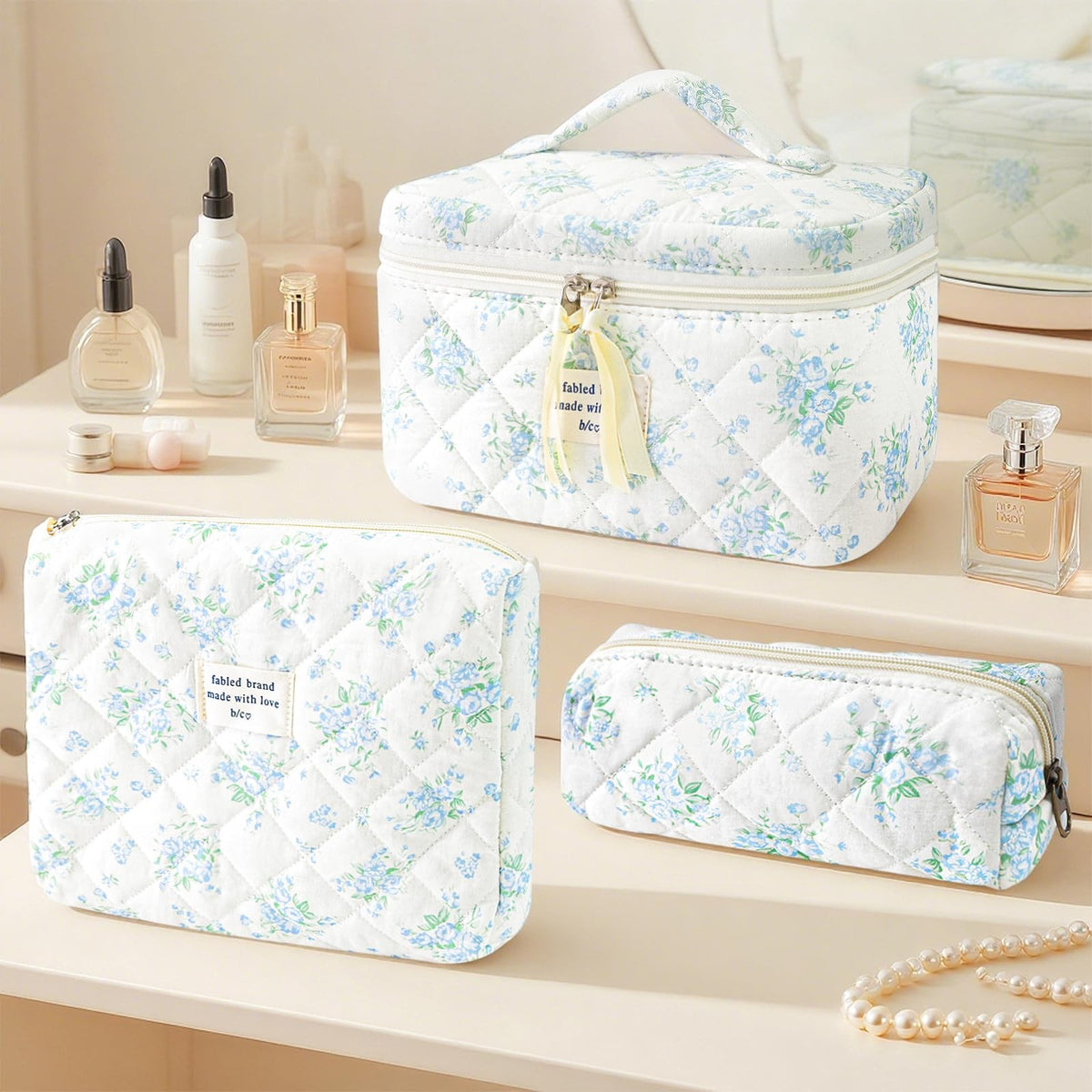 Cotton Quilted Floral Makeup Bag Set – 3Pcs Large Cosmetic Bags for Women