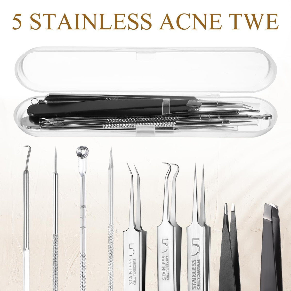 Professional Blackhead Removal Tool Kit - 9 Stainless Steel Pimple Extractors