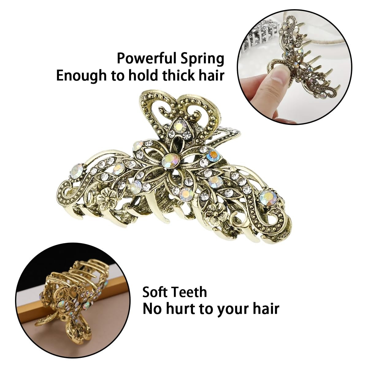 2 PCS Vintage Hair Claw Clips Rhinestone Count (Pack of 1), Silver,