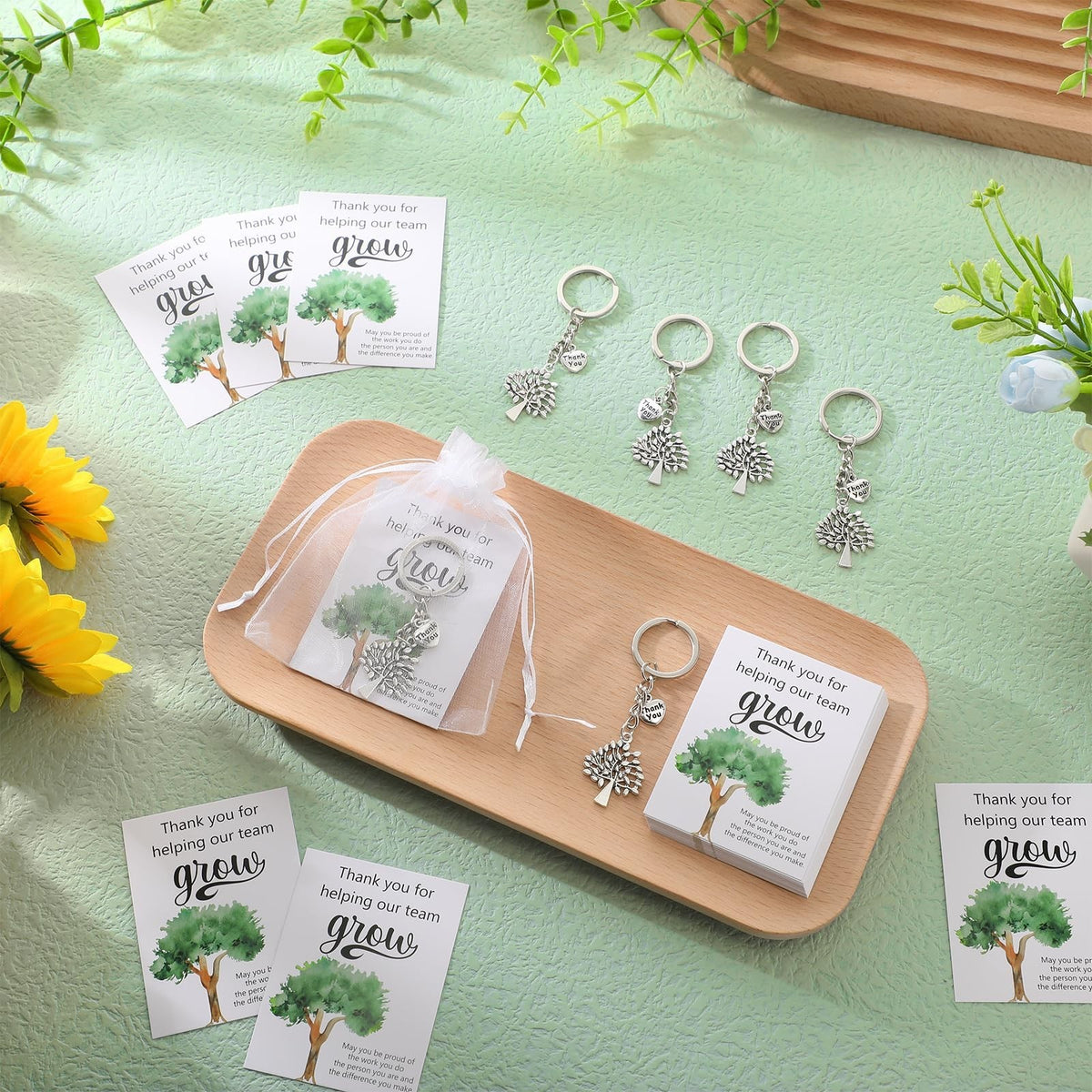 Team Appreciation Gift Tree Keychains with Heart Charm Bulk Set - 50 Pieces