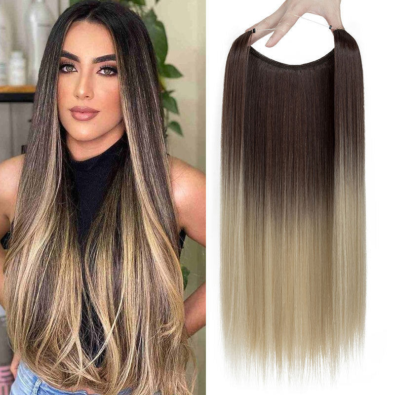 Invisible Wire Hair Extensions - Natural Synthetic Length & Body Wavy or Straight