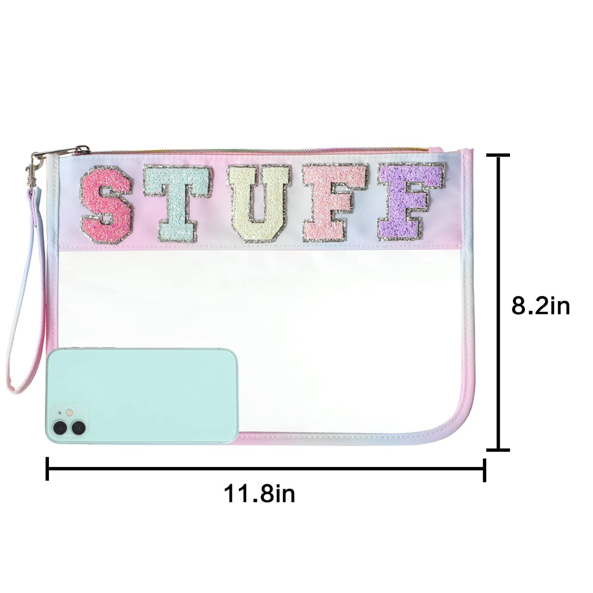 Clear Nylon Travel Makeup Bag with Chenille Letter Zipper Pouch 11.8x8.2 Inch