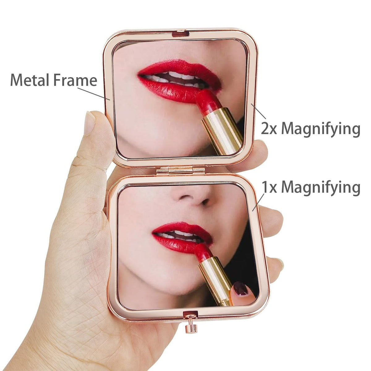 Rosegold Square Pocket Mirror for Women - 2.8x2.8 Inch Double-Sided Compact Makeup Mirror