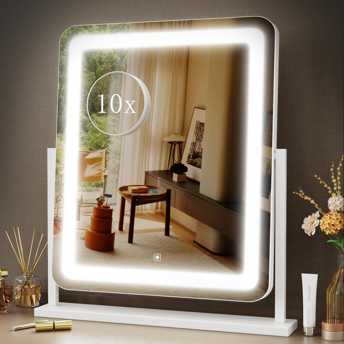 Lighted Vanity Mirror with 360° Rotation and Detachable 10X Magnifier