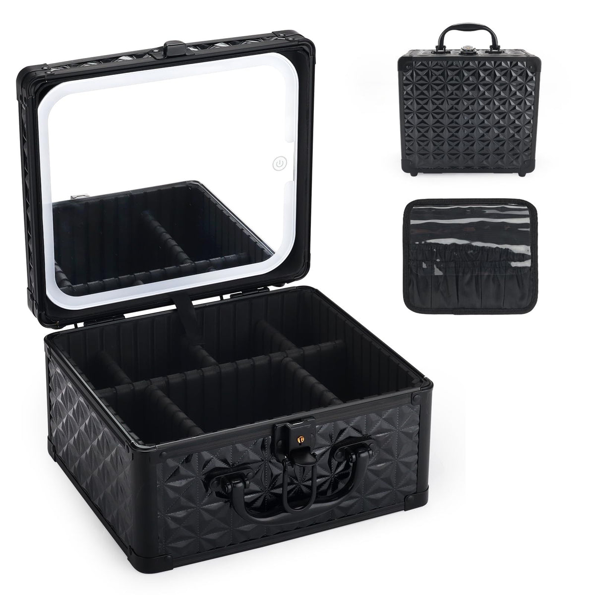 Lockable Portable Makeup Case with LED Lighted Mirror and Detachable Storage