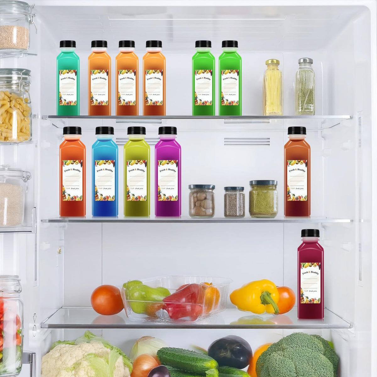 36 Pack 16 oz Reusable Plastic Juice Bottles with Airtight Lids