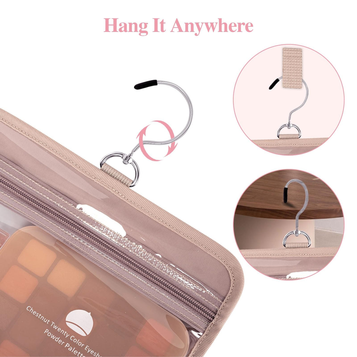 Large Waterproof Travel Toiletry Bag for Women with Hanging Hook Pink Makeup Organizer