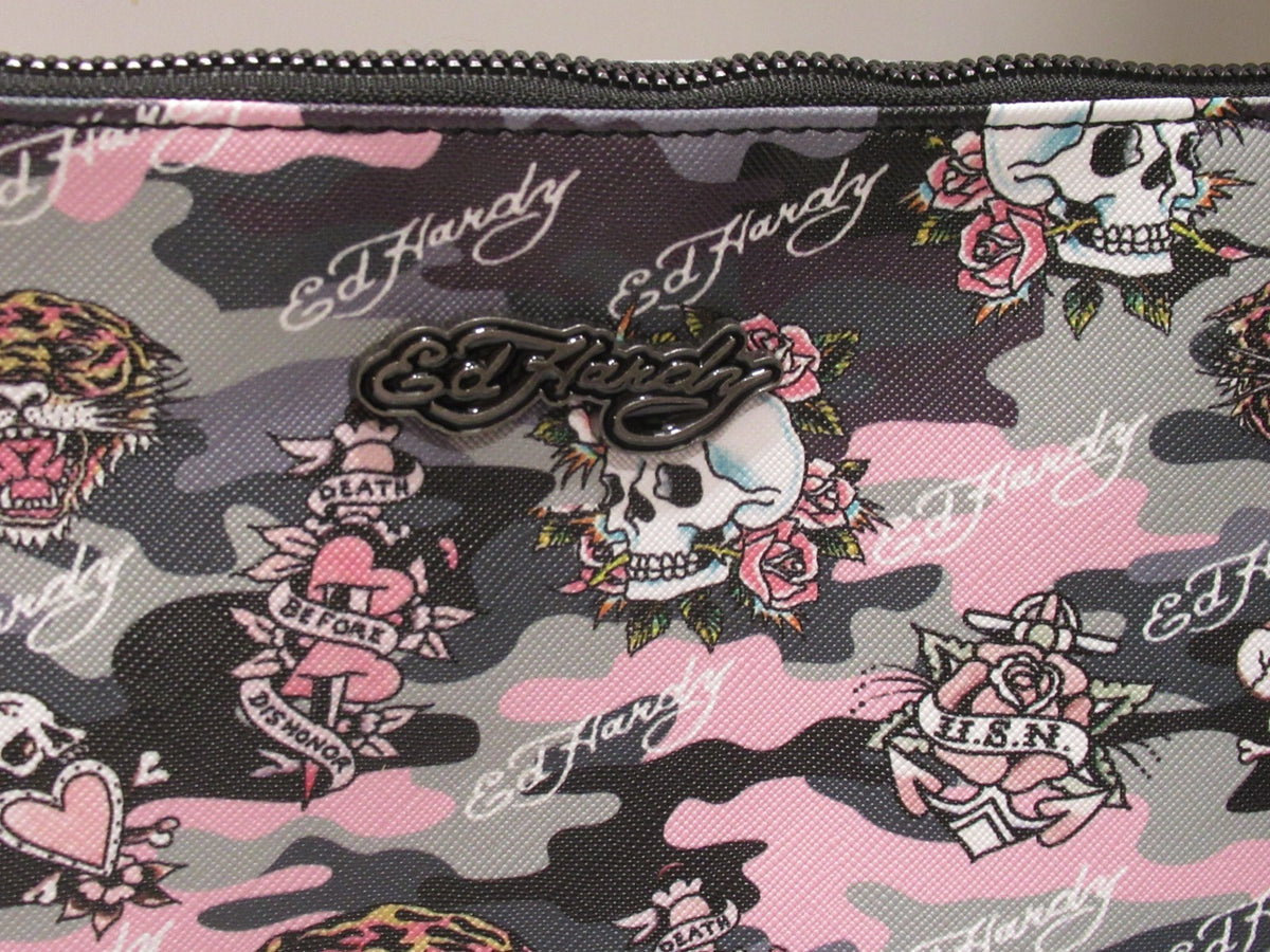 Large Cosmetic Makeup Bag Case with Skull & Tiger Tattoo Design - Ed Hardy