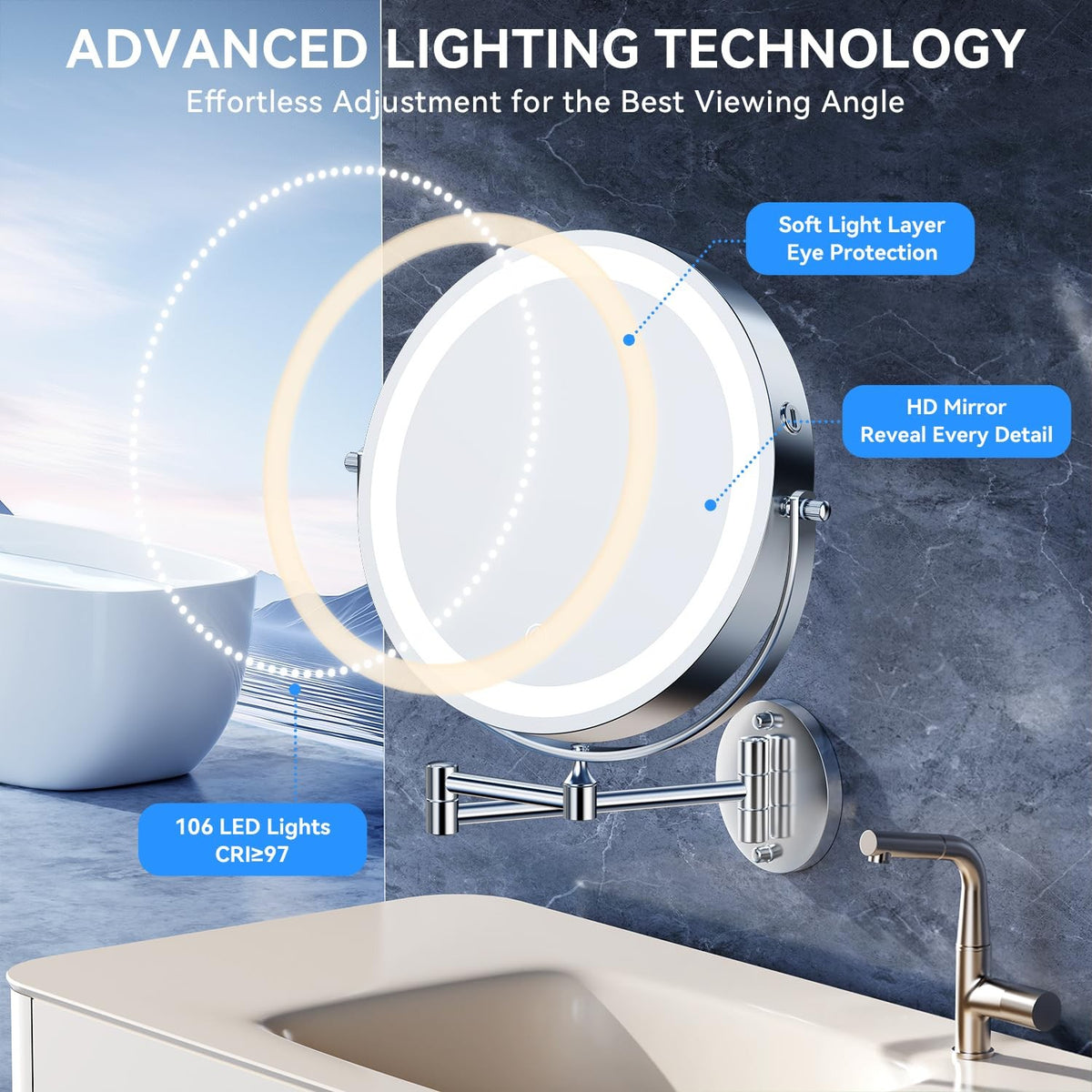 10-Inch Wall Mounted Lighted Makeup Mirror with 30X Magnification and Rechargeable LED