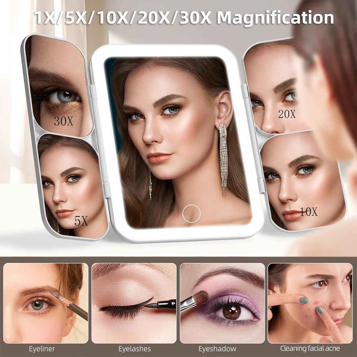 Tri-Fold Lighted Makeup Mirror with Magnification - Portable Dimmable Vanity