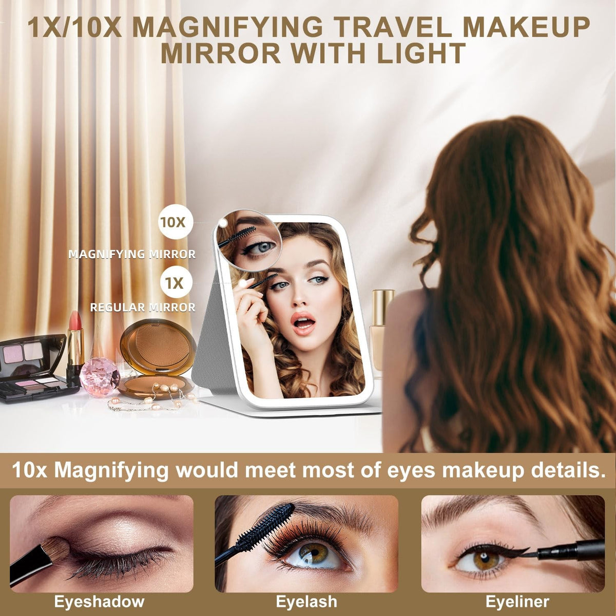 Travel LED Makeup Mirror with Lights, 360° Rotation, 10x Magnification, Dimmable 3-Color Touch Screen, Portable Flower Design