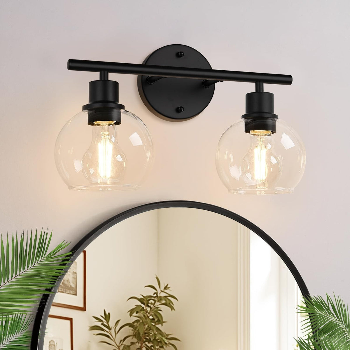 Indoi 2-Light Matte Black Bathroom Vanity Light with Clear Glass Shades