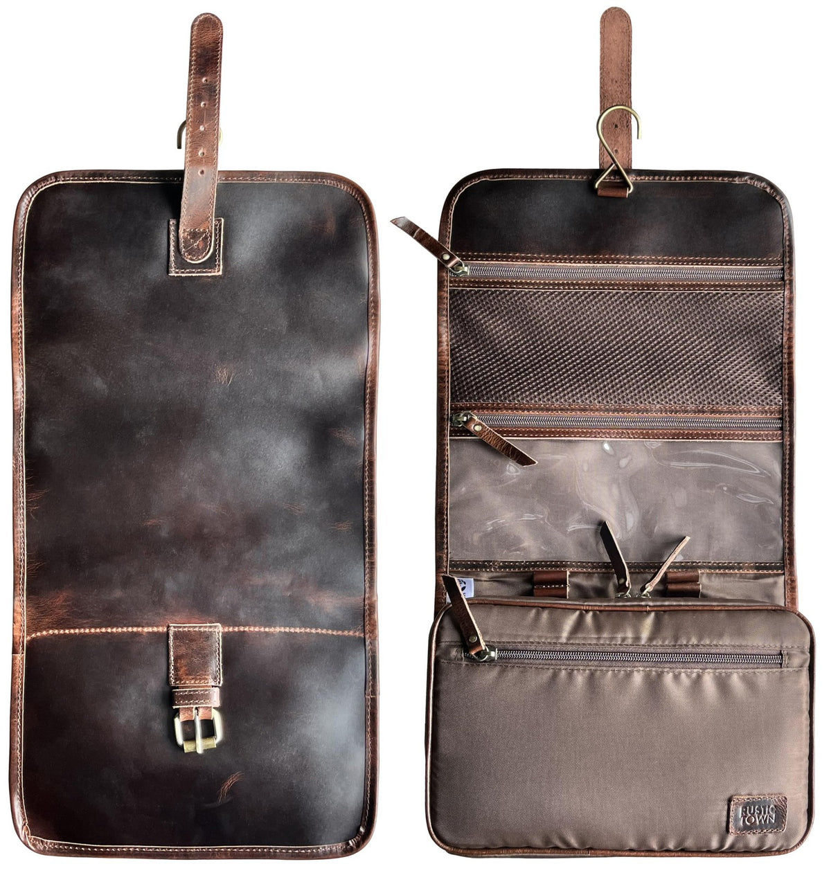 Leather Hanging Toiletry Bag for Men Travel Organizer with Brass Hook