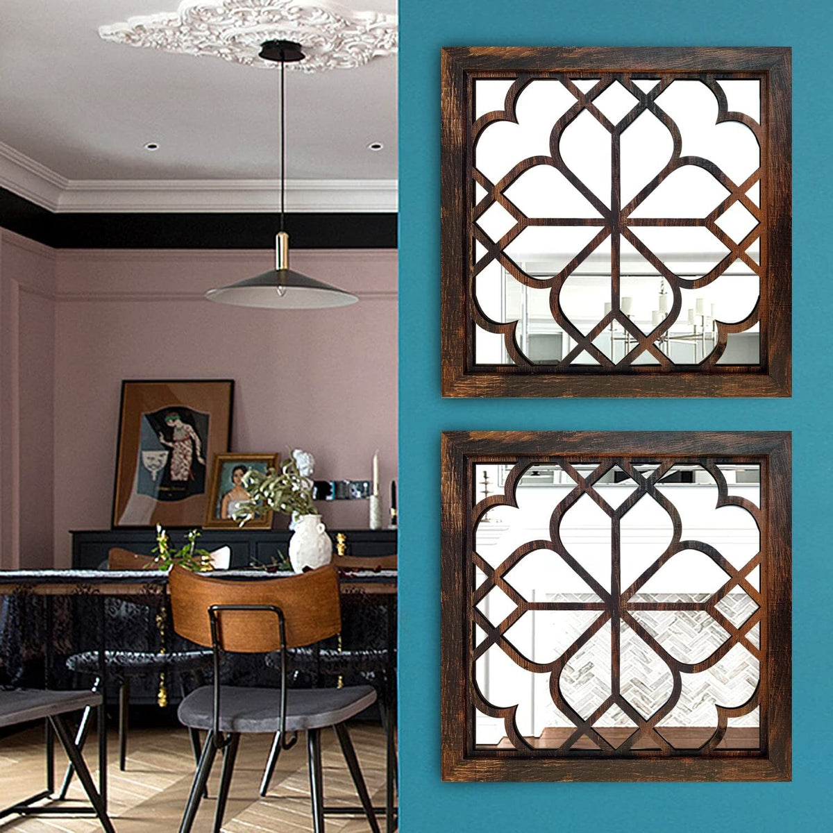 2-Pack Rustic Square Wall Mirrors, Caramel Finish for Bathroom & Living Rooms