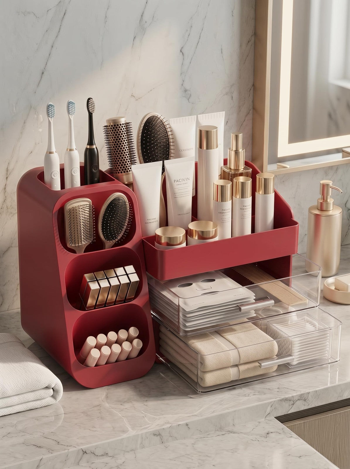 Red Makeup Organizer with Drawers, Large Capacity Vanity Storage Case