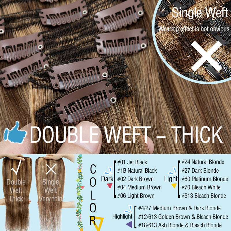 Thick Double Weft Clip-In Human Hair Extensions Full Head 150-170g