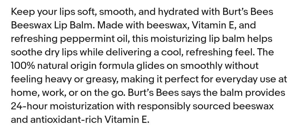 4 Pack Burt's Bees Beeswax Lip Balm with Vitamin E & Peppermint