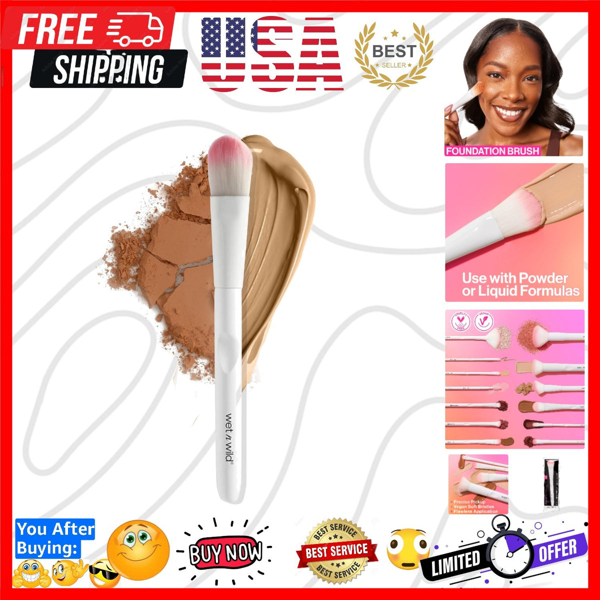Foundation Makeup Brush - Synthetic Dense Bristles for Liquid, Cream & Powder, Ergonomic Handle